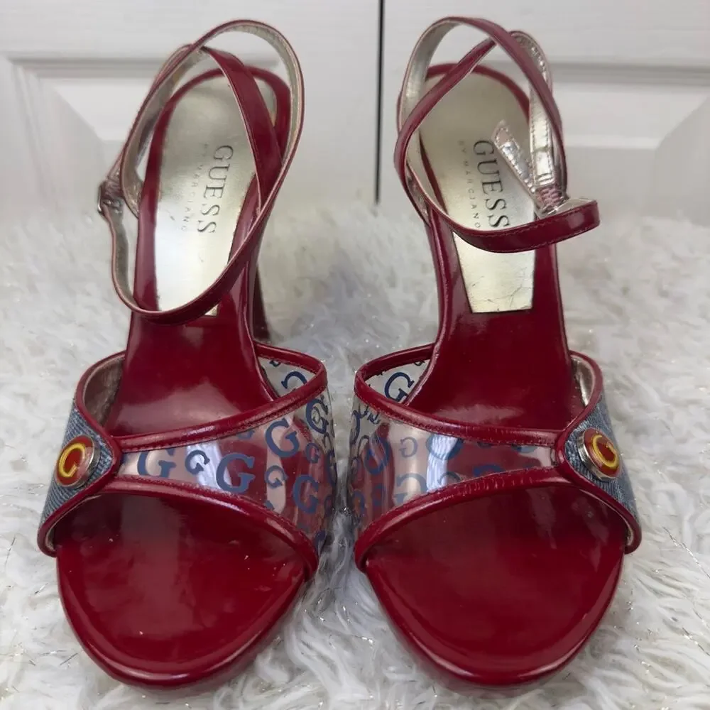 Guess Y2K Red Logo Clear PVC Platform Stiletto Heels Designer Open Toe Sandals